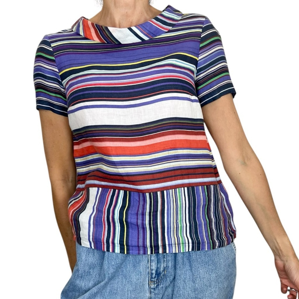 KOAN Italy 100% linen purple multi colour striped short sleeve top EU 42